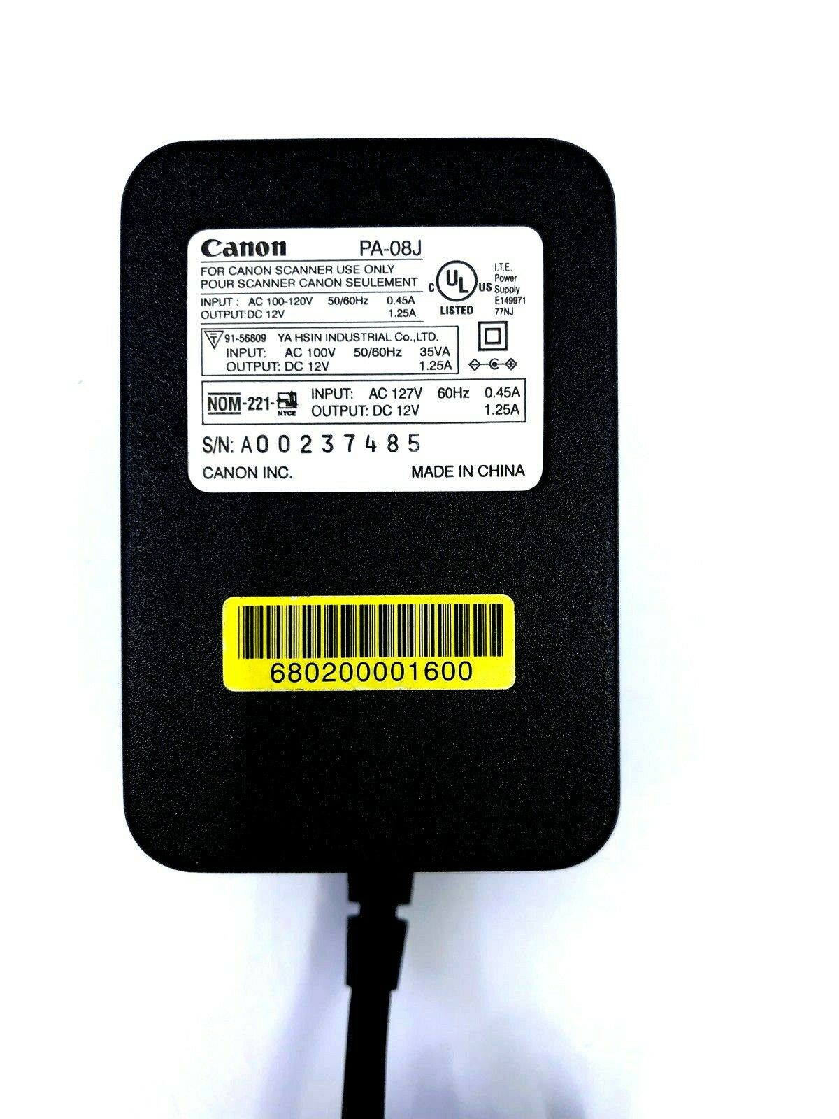 NEW Canon PA-08J ITE Power Supply AC Adapter 12VDC 1.25A for 5000F Scanner